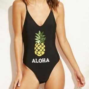 New Xhileration Sequin Pineapple Aloha Black One-Piece Swimsuit | Women’s XL